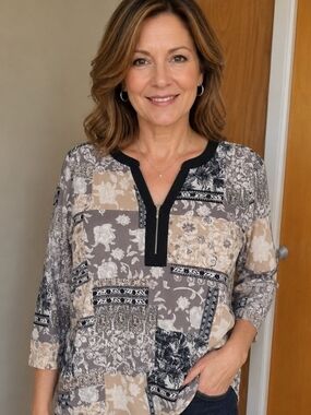 2/$25 Women’s Patchwork Print Zip-Front Top in Beige and Gray